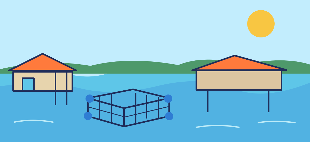 PowerGuard illustrated coastal community with houses, a pier, and fish cages
